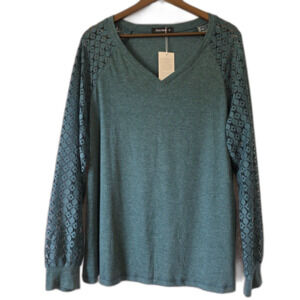 Automet Heathered Teal V-Neck Pullover with Lace/Crochet Sleeves - Size XL